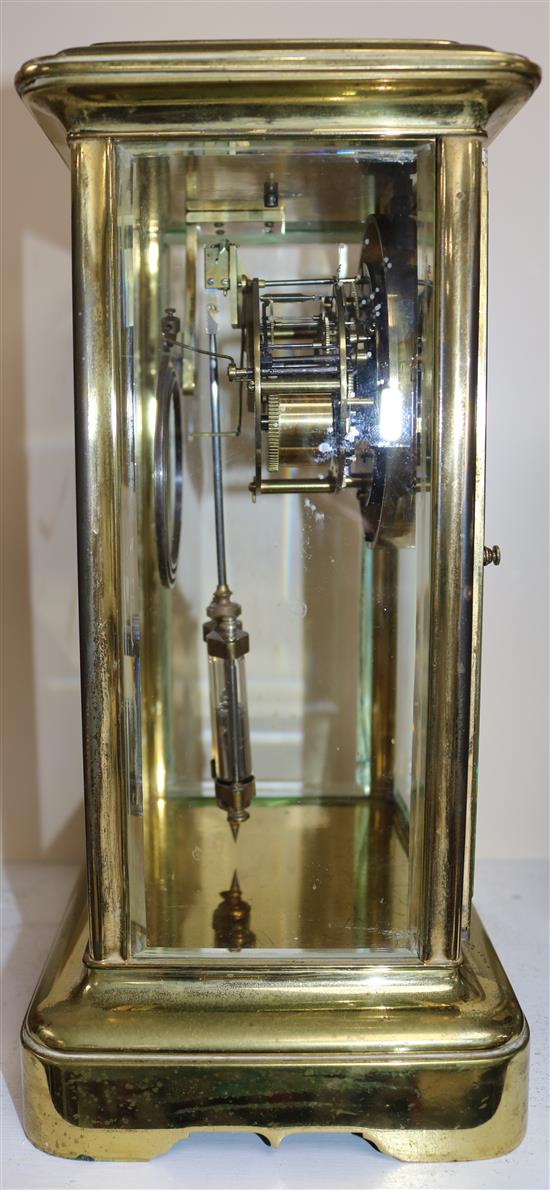 A late 19th century French four glass mantel clock, 14in.